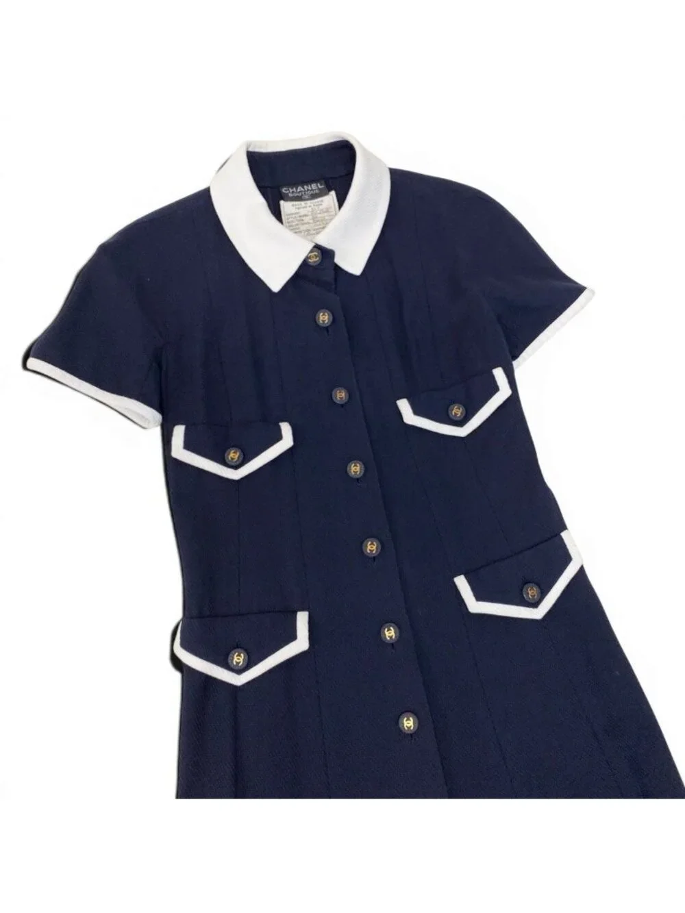 Chanel Cg9 Runway CC Logo Button Dress 36 Sizes Navy White Cotton 100%